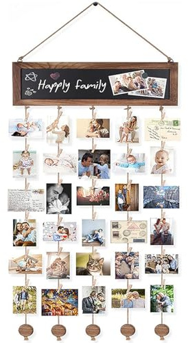 Fuikupe Fotowand Aufhängen Holz, Diy Bilderrahmen Collage Fotorahmen für mehrere Bilder, Kunstwerk hängende Fotovorhang mit 30 Holzklammern für Wanddekoration