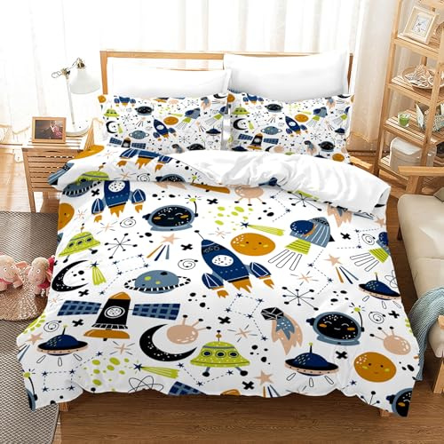 Set di biancheria da letto Spazio 200x200cm, Universo Pianeta Razzo Set di biancheria da letto per ragazzi e ragazze, Bambini, Bianco Blu, con motivo di razzi, stelle e pianeti, con federa per cuscino