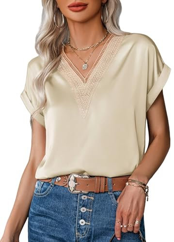 Zeagoo Bluse Damen Kurzarm V-Ausschnitt Oberteile Elegant Sommer Top Leicht und Luftig Satinbluse Beige XL