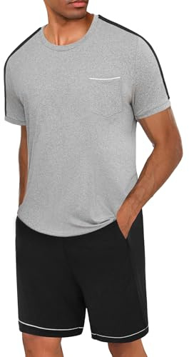Crewhpo Pijama Hombre Verano Pijamas Cortos Conjunto de Pijama Cuello Redondo Camisetas Manga Corta y Pantalones Cortos para Dormir con Bolsillos