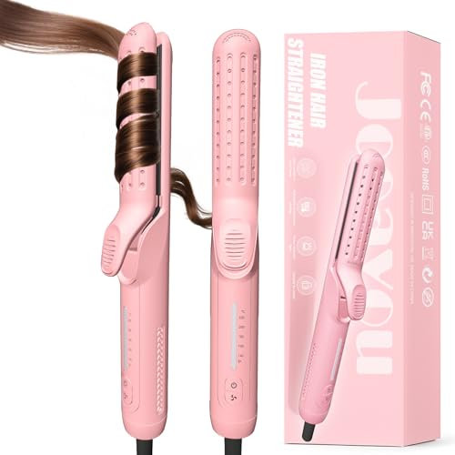 Fer à Lisser et Fer à Boucler 2 en 1, Boucleur à Cheveux à Air Froid 360°, Lisseur Cheveux Ionique Portable Anti-Frisottis, Boucleur pour Ondulations Naturelles à la Maison ou en Voyage, Rose Girly