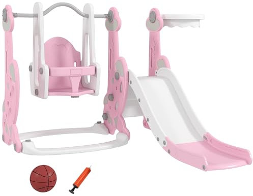 AIYAPLAY Tobogán Infantil 4 en 1 Parque Infantil con Columpio y Tobogán Escalador Aro de Baloncesto Temática de Cohete para Interior Rosa y Blanco