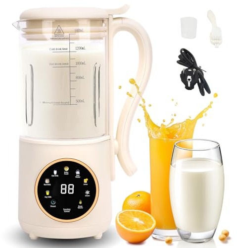 Macchina per Latte di Soia, 1400ml Automatico Multifunzionale Macchina | Latte di Noci con LED Display, Macchina per Latte Vegetale Fatto in Casa, Soia, Mandorle, Avena Bevande