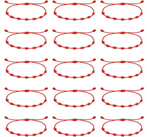 Fantasyon 15 Piezas Pulseras Roja de 7 Nudos, Suerte y Protección, Pulsera Ajustable Hecha a Mano de Hilo Rojo, Amuleto de Hilo para Hombre Mujer Parejas y Amistad