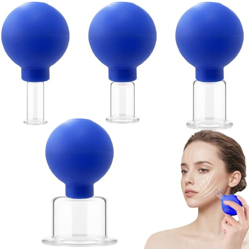 Ensemble de ventouses faciales pour le visage, le jeu de ventouses, le silicone en verre 4 pièces, l'aspiration massage à l'aspirateur pour le bras la jambe du corps, le bleu, le silicone