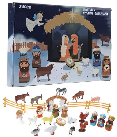 Calendrier de l'Avent de la crèche de Noël avec 24 figurines en résine, sainte famille mages, garçons et filles, convient pour les enfants, calendrier de l'Avent créatif
