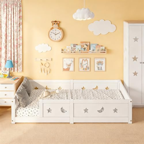 BestAlice Montessori Lit de sol 140 x 200 cm pour enfant avec protection contre les chutes et sommier à lattes, cadre de lit en bois massif, lit à barreaux, lit double, lit pour adolescent, sans