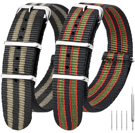 EACHE 20mm Watch Straps for Men, Pack of 2 Military Nylon Watch Straps with Silver Polished Buckle (Black/Gray + Black/Red/Green)