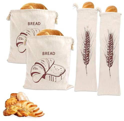 4 Bolsa Pan Lino con Cordón, Bolsas Tela Tostadas Baguettes Multifuncional, Bolsa Almacenamiento Nueces Granos Algodón Reutilizables para Conservación Alimentos Verduras Frutas (15x65cm, 30x40cm)