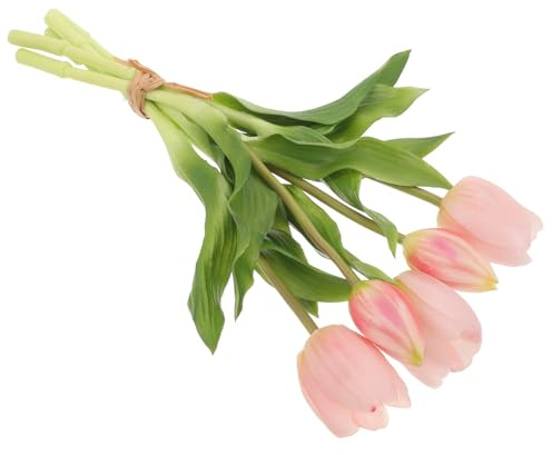 FIXOSHEE Bouquet di Tulipani Artificiali Realistici 30 CM Decorazione Floreale Finta per Matrimonio e Casa Mazzo da Sposa Delicato 5 Rami e Foglie Rosa Chiaro
