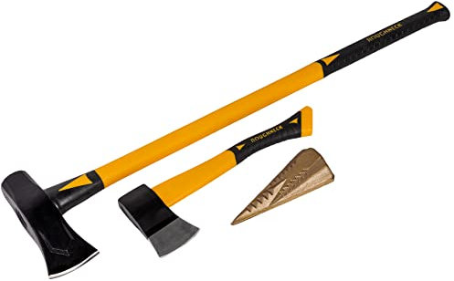 Roughneck ROU65501 Wood Cutting & Splitting Set - 3 Piece Including: Splitting maul (2.7kg), Axe (0.6kg) & Wood Grenade Splitting wedge, Yellow - Black