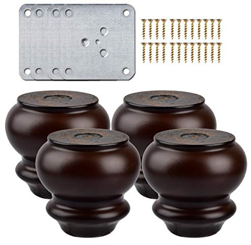 8cm Holz Tischbeine, La Vane 4 Stück Runde Kürbisflasche Massivholz Ersatz Möbelfüße Kugelfüße mit Montageplatten & Schrauben für Sofa Bett Schrank Ottomane