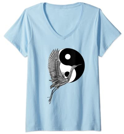 Femme Croquis de Grue de Tai Chi Yin Yang T-Shirt avec Col en V