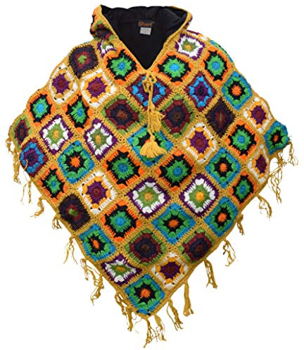 Gheri Colorido poncho de lana de retazos de ganchillo con forro polar con capucha, A, talla �nica