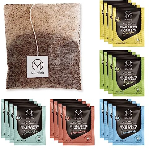 Mondo Single Serve Coffee Bags (20 Cups) Variety Pack - Organic, Medium Roast - Disposable, Portable Coffee Filters for Camping and Travel, Sampler Box of 5 Ground Coffee Flavors