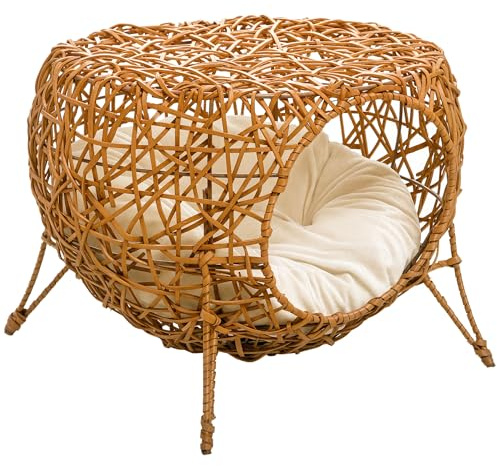 PawHut Panier Niche Maison pour Chat sur Pied en rotin avec Coussin épais dim. Ø 40 x 32 cm Marron Clair