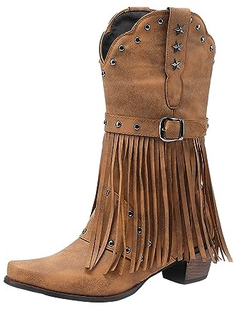 Kobilee Stivali Donna Alti Alto con Tacco Texani Anfibi Frange Equitazione Biker Invernali Cowboy Western Pelle Stivaletti Camperos Camoscio Vintage