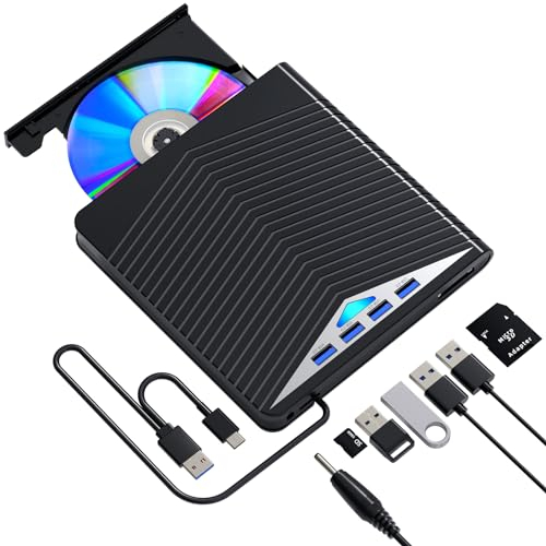Externes CD-Laufwerk, externes DVD-Laufwerk, DVD-Laufwerk, optisches Laufwerk, USB 3.0 und Typ-C Portable CD/DVD/ROM Recorder, passend für Laptop/Desktop/Windows 10/8/7(Stabil, High-Speed, Silent)