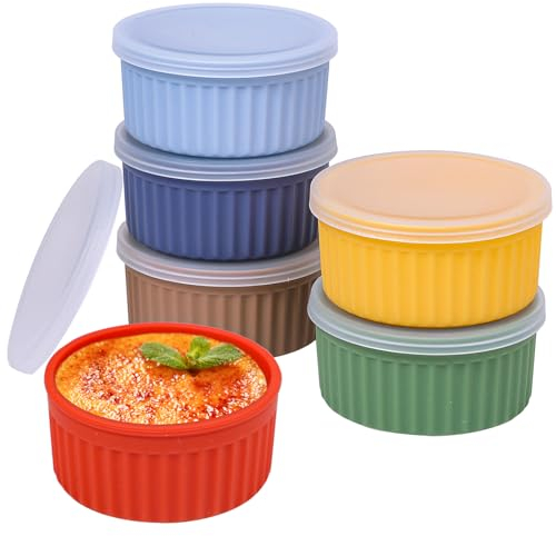 Koluti Nonstick Silicone Ramekins 4 oz with Lid, 6-Pack Oven Safe Creme Brulee Bowl for Baking, Mini Souffle Ice Cream Dessert Pudding Dipping Sauce Cups, BPA Free, Microwave, Freezer, Dishwasher Safe
