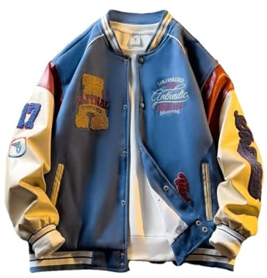 YeGang Vestes universitaires pour homme – Blouson bomber vintage décontracté unisexe Streetwear Y2k Manteaux surdimensionnés avec manches en cuir PU patch