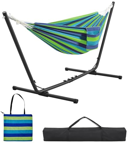 Yaheetech Amaca da Giardino Esterno con Supporto Struttura Regolabile Carica 200 kg Pieghevole Portatile con Borsa di Trasporto in Ferro Poliestere e Oxford per Piscina Campeggio Strisce Blu-Verde