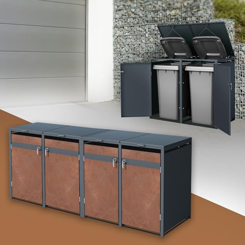 ML-Design Box pour 4 Poubelles, jusqu'à 240L, 264x80x116,3 cm en Acier/Acier Corten, Anthracite/Aspect Rouillé, Résistant aux Intempéries, avec Couvercle Rabattable / 4 Portes, Conteneur Abri Hangar