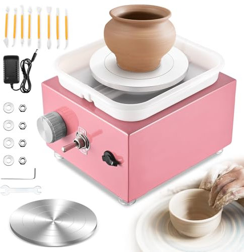 Töpferscheibe, Kooeuru Töpferscheibe Elektrisch 2000 U/min Einstellbare Geschwindigkeit, Pottery Wheel mit 10/6,5 cm Großen Platten, Formwerkzeugen, Töpferscheibe Kinder und Erwachsene (Rosa)