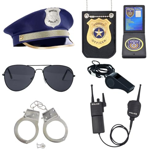 ZUCOS Polizei Kostüm Kinder, Polizist Handschellen Sonnenbrille Abzeichen Detective Cop Swat Rollenspiel Zubehör Halloween Party Kostüm Dress up (With Hat, Medium)