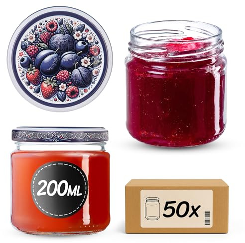 KADAX Uppsättning med 50 konserveringsburkar på 200 ml med twist-off lock Ø 66 mm – tjockväggiga, lufttäta dessertburkar, diskmaskinssäkra, perfekt för sylt och konserverade