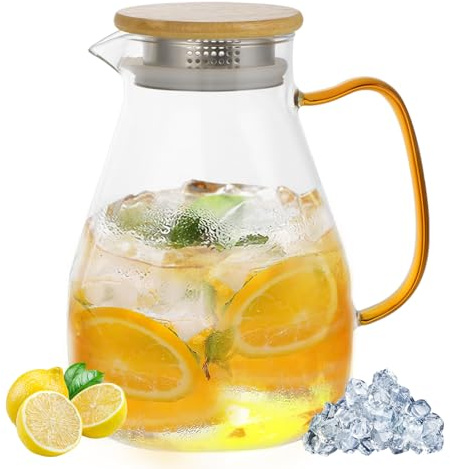 Caraffa 1,8L in vetro borosilicato con brocca acqua coperchio in legno sigillato resistente al calore e trasparente Caraffa in vetro ideale per acqua tè caffè latte vino e succhi