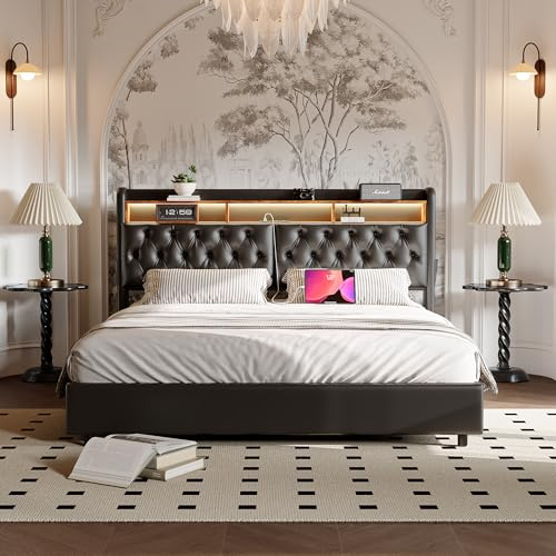 Marooma Letto baule 180 x 200 a LED, letto matrimoniale imbottito barometrico con ripiani aperti e ripostiglio, e caricatore USB e Type-C, facile da montare, senza materasso, nero (180 x 200 cm)