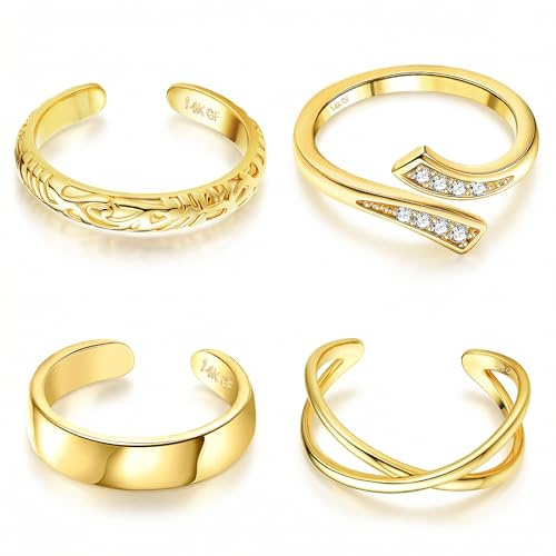 ORAZIO Gold Toe Rings for Women Non Tarnish 14K Gold Filled Toe Ring Adjustable Hug CZ Triple Open Band Rings Summer Beach Foot Jewelry for Women 4Pcs S2