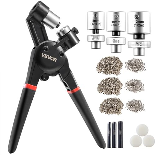 VEVOR Kit di Strumenti per Occhielli, 900 Pezzi, Occhielli in Metallo da 8/10/12 mm Diverse Dimensioni, con Pinza Manuale per Occhielli, Perforatore e Blocco, per Teloni in Pelle, Scarpe, Cinture