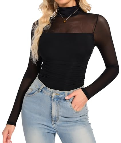 SHAPERIN Mesh Bodysuit Long Sleeve Women Sexy Sheer Mesh Bodysuits Tops Mock Turtle Neck Going Out Party Club Black XXL