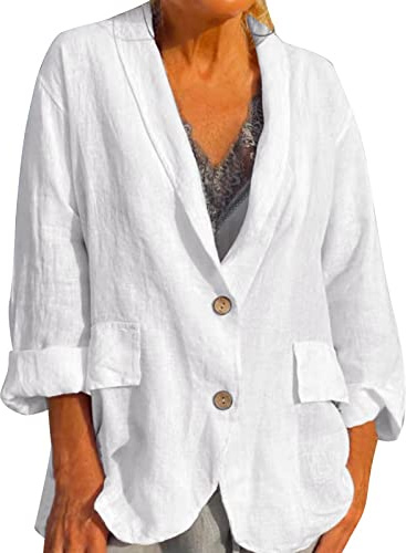 Linneblazer dam vit, sommarblazer dam lätt elegant blazer sportig kort kavaj med knappar kostymjacka enfärgad sweatjacka med fickor fritidsjacka ledig övergångsjacka affärsjacka, Vit, XL