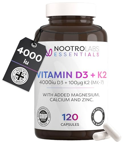 Nootro Labs Essentials Vitamin D3 4000 iu and K2 Capsules, Daily Vitamin D Supplements with Zinc and Magnesium for Joint Care, Bone & Heart Health and Immune Support (60 Servings - 2 Month Supply)