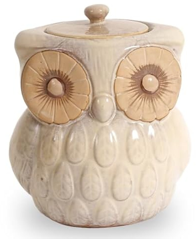 Ceramic Owl Cookie Jar with Lid, Rustic Vintage Style Shelf Owl Decor Ceramic Canister & Candy Jar, Versatile Large Flour Storage Container & Decorative Storage for Cookies, Snacks, and Treats, Gold