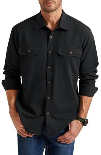 Enlision Mens Long Sleeve Shirts Causal Work Shirt Hard-Wearing Black Cargo Shacket with Double Flap Pockets L