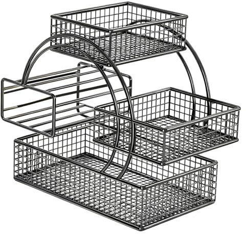 Folpus Cestino Porta Frutta con Tre Livelli Distributore Fazzoletti Incluso Portafrutta Ferro Multistrato Scaffale Snack Metallo Accesso Facilitato agli Alim, Nero