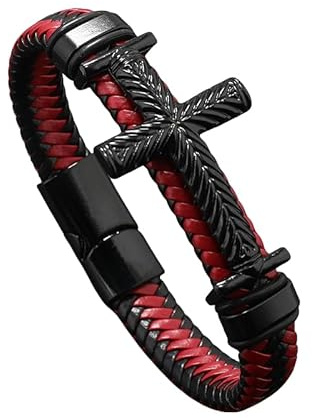 HUIANGLIYG Bracelet en Cuir Tressé pour Hommes avec Croix de Foi Texturée Noire pour Homme, Bracelet Croix Tressé Fait Main avec Fermoir Magnétique, Bijoux Religieux Chrétiens Vintage Rouge 20