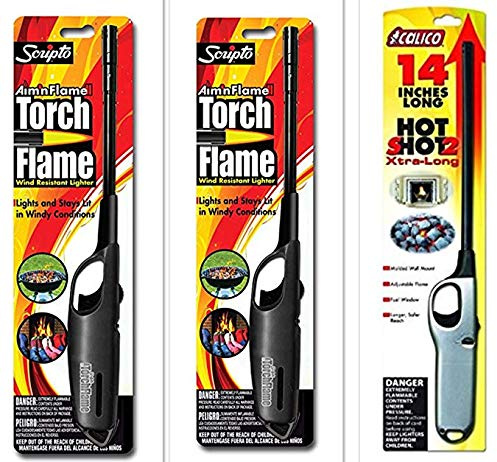 3 Pack Combo - 2 Pack Scripto Multi Purpose Wind Resistant Lighter (Assorted Color) + 1 Pack Calico Hot Shot 2 Xtra Long for Camping Grilling Home, Adjustable Flame