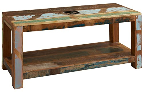 MASSIVMOEBEL24.DE | Nature of Spirit Couchtisch aus Massivholz #107 - Mehrfarbig, lackiert | aus Altholz | 110x45x50cm | mit zusätzlicher Ablagefläche | Kaffeetisch Sofatisch