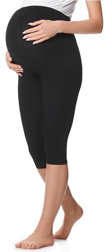 Be Mammy 3/4 Umstandsleggings Kurz aus Baumwolle Bequeme und blickdichte Schwangerschaftsleggings Umstandsmode BE20-229 (Schwarz, M)