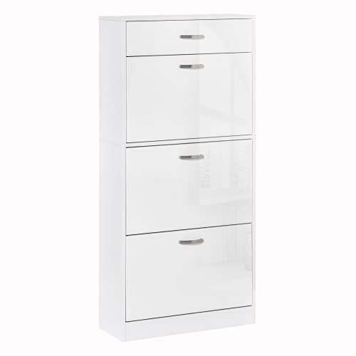 HOMCOM High Gloss Shoe Cabinet with 3 Drawers, Adjustable Shelves, White