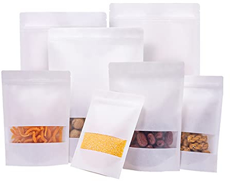 Poches Kraft Zip, Blanc, 50 pièces, 140x220mm - Pour Noix, Bonbons, Grains de Café, Céréales, Nourriture pour Animaux de Compagnie, etc.