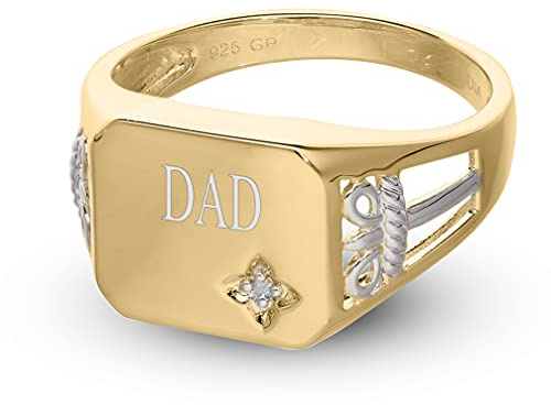 DV DOLCE VALENTINA Men's Personalised Signet Ring - Silver, Yellow Gold Plated Diamond Ring, Men's Jewelry for Him, Father's Day, Husbands
