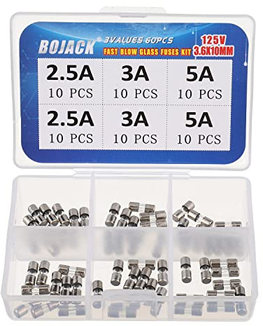 BOJACK 125V Fast-Blow Glass Fuse Assortment Kit, 3.6x10mm, 60pcs (2.5A, 3A, 5A), Surface Mount, BOJACK-BJ-6V60P-125V