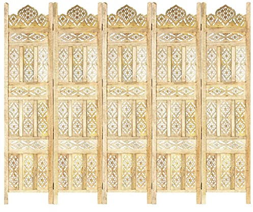 SKM Room Divider Hand Carved Privacy Screen, 5 Panel Room Divider Solid Mango Wood Elegant Partition Wall, Retractable Paravent for Bedroom, Home Office, Light Brown 78.7 x 65 (W x H)-Pattern A