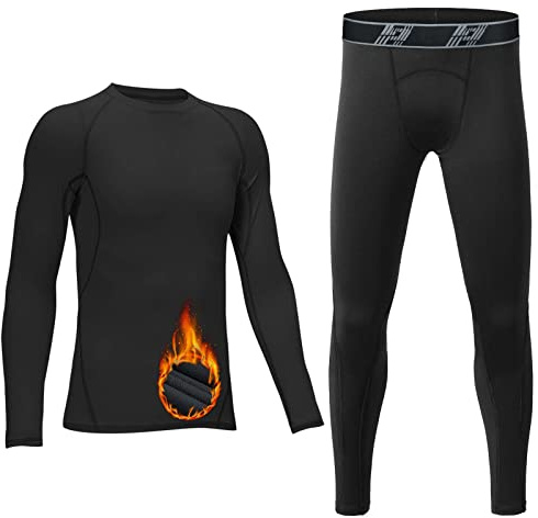 HOPLYNN Kids Compression Thermal Set,Boys Long Bottom Long Sleeve Base Layer Workout Fleece Lining Super Soft Black L