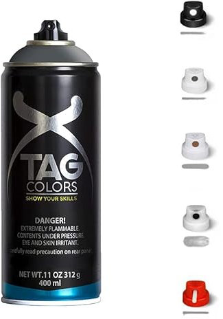 1 Bomboletta Spray Vernice Acrilica per GRAFFITI Grigio A083 da 400ml + 5 testine per tratti precisi e spessi, finitura opaca, per street artists murales, Varie Tonalità (ASTEROIDE GREY)